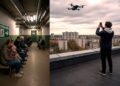 Žmonės priedangoje ir vyras ant stogo filmuojantis virš miesto skrendantį droną