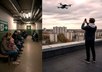 Žmonės priedangoje ir vyras ant stogo filmuojantis virš miesto skrendantį droną