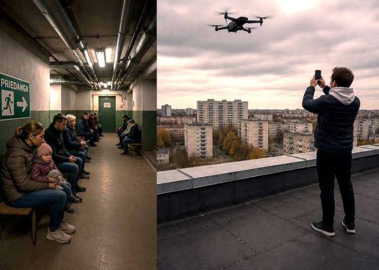 Žmonės priedangoje ir vyras ant stogo filmuojantis virš miesto skrendantį droną