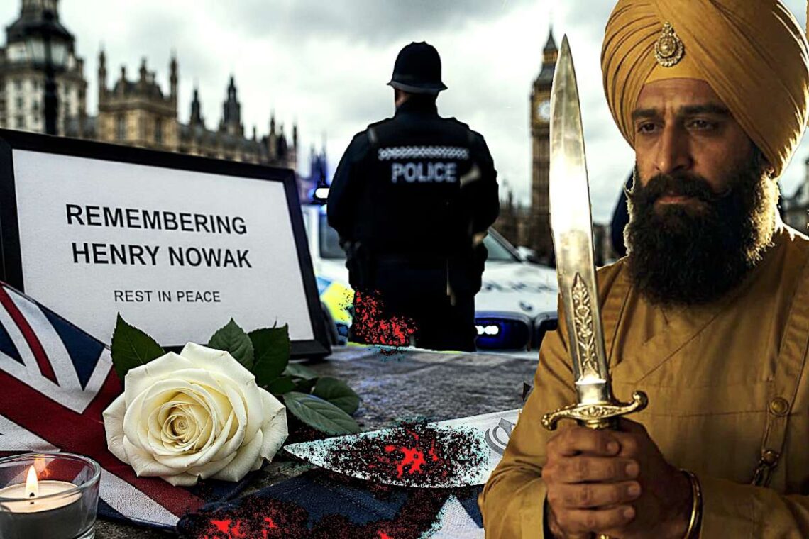 Policijos švyturėliai, ginkluotas sikhas ir aukos atminimo žvakės Didžiosios Britanijos kontekste