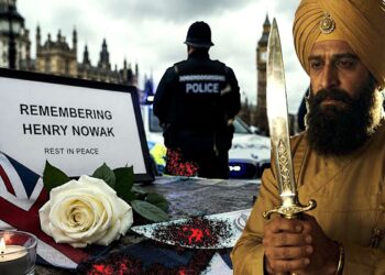 Policijos švyturėliai, ginkluotas sikhas ir aukos atminimo žvakės Didžiosios Britanijos kontekste