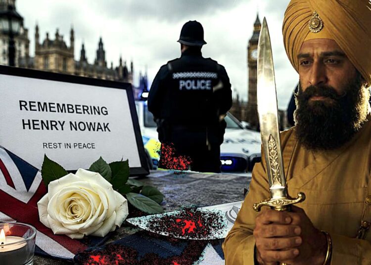 Policijos švyturėliai, ginkluotas sikhas ir aukos atminimo žvakės Didžiosios Britanijos kontekste