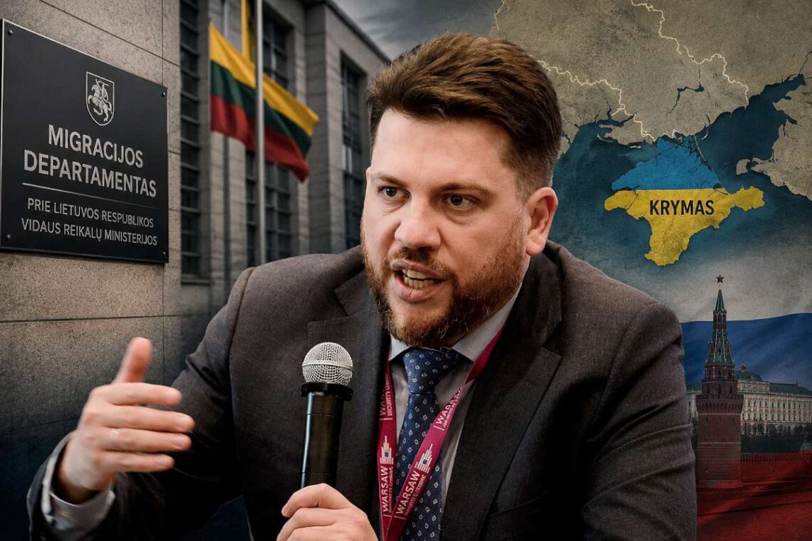Leonidas Volkovas prie Migracijos departamento ir Krymo žemėlapio koliaže