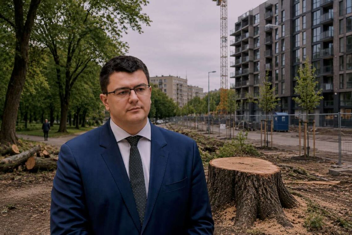 Vytautas Sinica prie kertamų medžių ir naujų statybų Vilniuje