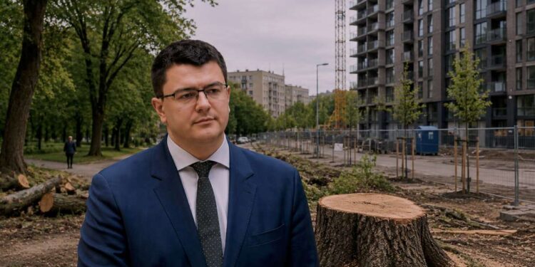 Vytautas Sinica prie kertamų medžių ir naujų statybų Vilniuje