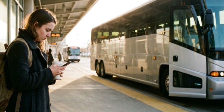 Mergina ruošiasi keliauti autobusu