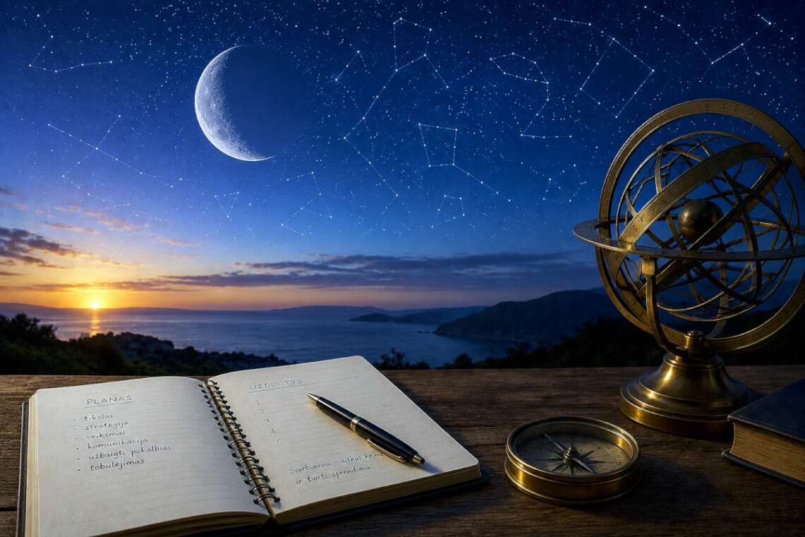 Dylantis Mėnulis virš žvaigždėto dangaus simbolizuoja strateginį mąstymą, planavimą ir astrologines liepos 1-osios prognozes