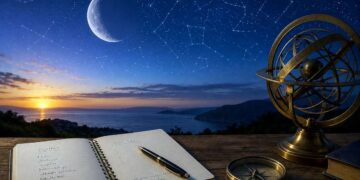 Dylantis Mėnulis virš žvaigždėto dangaus simbolizuoja strateginį mąstymą, planavimą ir astrologines liepos 1-osios prognozes
