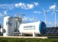 Šiuolaikinė žaliojo vandenilio gamybos ir saugojimo infrastruktūra su vėjo jėgainėmis ir saulės elektrine. Asociatyvi nuotrauka.