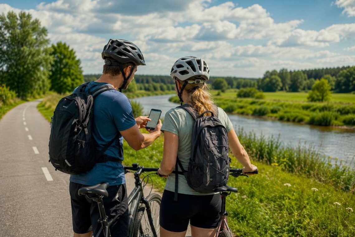 Du dviratininkai sustoję prie upės tariasi dėl kelionės maršruto – 2026 m. liepos 12-osios horoskopo iliustracija.