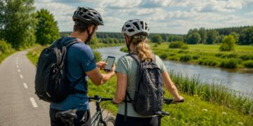 Du dviratininkai sustoję prie upės tariasi dėl kelionės maršruto – 2026 m. liepos 12-osios horoskopo iliustracija.