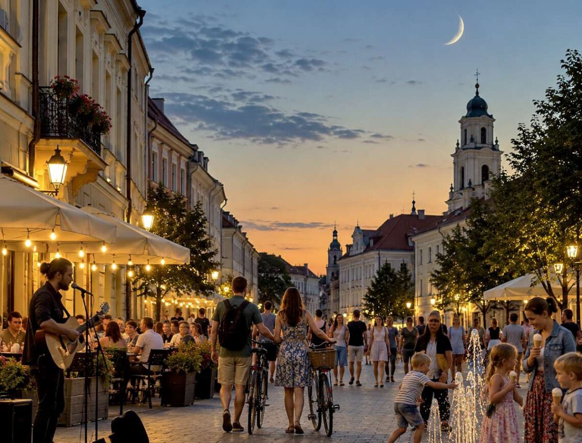 Vasaros vakaras senamiesčio pėsčiųjų gatvėje, žmonės leidžia laiką po atviru dangumi, virš stogų matomas jaunas augantis Mėnulis