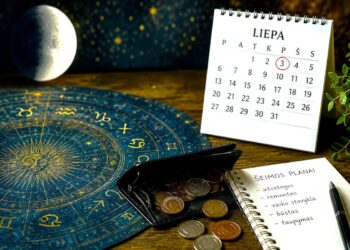 Dylantis Mėnulis, kalendorius ir šeimos biudžeto užrašai simbolizuoja liepos 3-iosios astrologines prognozes ir apdairų finansų planavimą.