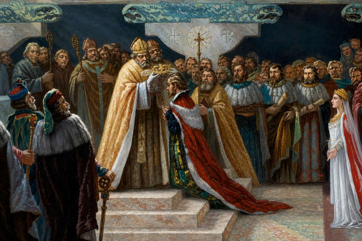 Karaliaus Mindaugo krikštas ir popiežiaus pripažintas karūnavimas – istorinis Adomo Varno paveikslo fragmentas