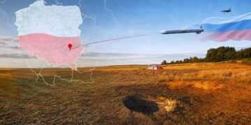 Rusijos raketos skrydžio į Tarnawa-Kolonia vietovę Lenkijoje vaizdinis atkūrimas