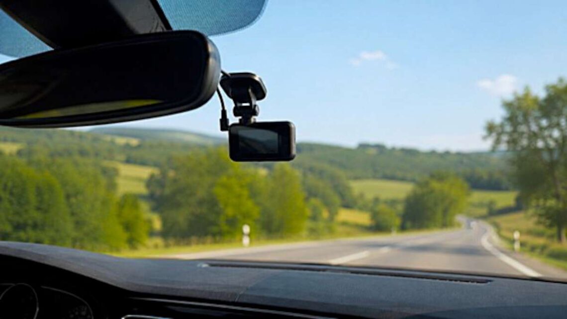Vaizdas iš automobilio salono su prie priekinio stiklo pritvirtintu vaizdo registratoriumi.