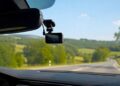 Vaizdas iš automobilio salono su prie priekinio stiklo pritvirtintu vaizdo registratoriumi.