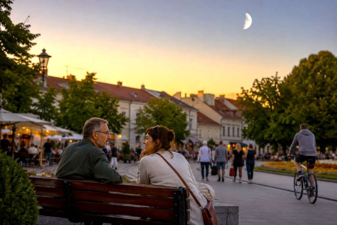 Du žmonės ramiai kalbasi ant suolelio Lietuvos senamiesčio aikštėje vasaros vakarą, virš miesto matomas jaunas dylantis Mėnulis.