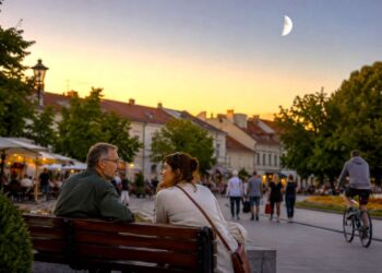 Du žmonės ramiai kalbasi ant suolelio Lietuvos senamiesčio aikštėje vasaros vakarą, virš miesto matomas jaunas dylantis Mėnulis.