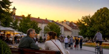 Du žmonės ramiai kalbasi ant suolelio Lietuvos senamiesčio aikštėje vasaros vakarą, virš miesto matomas jaunas dylantis Mėnulis.