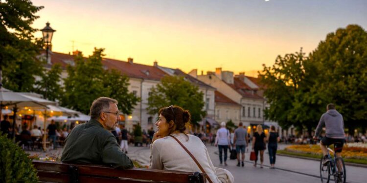 Du žmonės ramiai kalbasi ant suolelio Lietuvos senamiesčio aikštėje vasaros vakarą, virš miesto matomas jaunas dylantis Mėnulis.