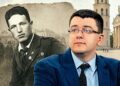 Vytautas Sinica ir tarpukario Vilniaus lietuvis skautas Pranas Žižmaras Vilniaus Katedros aikštės fone