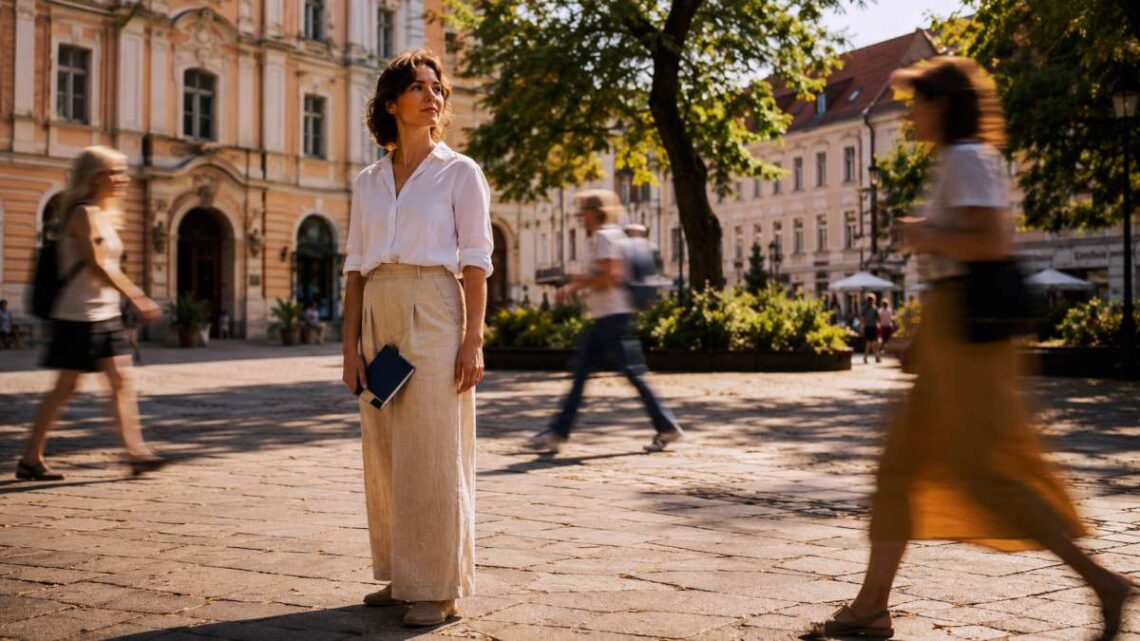 Saulės nutviekstoje senamiesčio aikštėje ramiai sustojusi moteris išlieka susikaupusi, nors aplink ją skuba žmonės. Vaizdas primena, kad bendroje skuboje galima išsaugoti savąjį sprendimų laiką.