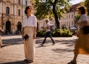 Saulės nutviekstoje senamiesčio aikštėje ramiai sustojusi moteris išlieka susikaupusi, nors aplink ją skuba žmonės. Vaizdas primena, kad bendroje skuboje galima išsaugoti savąjį sprendimų laiką.