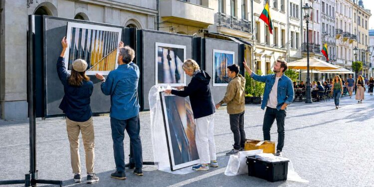 Žmonės miesto aikštėje rengia lauko fotografijų parodą