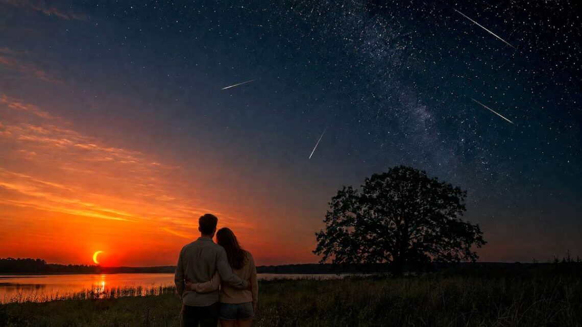 Porelė prie ežero stebi dalinį besileidžiančios Saulės užtemimą ir laukia perseidų metorų srauto