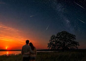 Porelė prie ežero stebi dalinį besileidžiančios Saulės užtemimą ir laukia perseidų metorų srauto