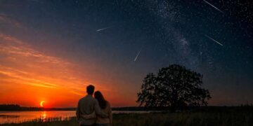 Porelė prie ežero stebi dalinį besileidžiančios Saulės užtemimą ir laukia perseidų metorų srauto
