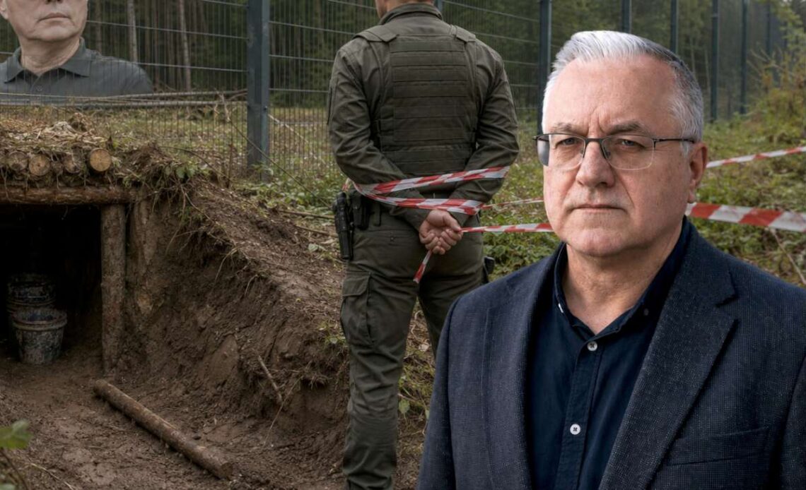Pasienietis surištomis rankomis prie po Lietuvos pasienio užtvara iškasto tunelio