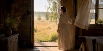 Moteris, pravėrusi medinio namo duris, žvelgia į saulės nušviestą rugpjūčio lauką