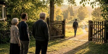 Artimieji palydi pro atvirus sodybos vartus į savarankišką kelią išeinantį jauną žmogų