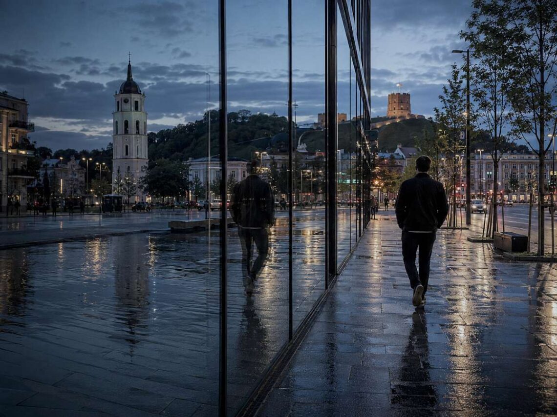 Žmogus vakare eina lietaus nuplauta Vilniaus gatve, miesto šviesoms atsispindint stikle