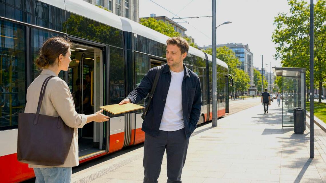 Vyras miesto stotelėje grąžina moteriai pamestą dokumentų aplanką