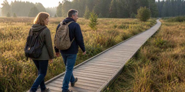 Du žmonės eina ilgu mediniu taku vasaros pabaigos kraštovaizdyje