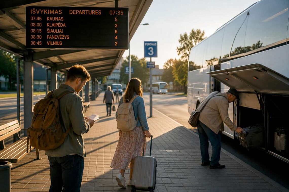 Keleiviai vasaros rytą Lietuvos autobusų stotyje prieš išvykimą