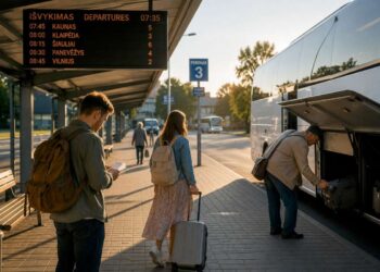 Keleiviai vasaros rytą Lietuvos autobusų stotyje prieš išvykimą