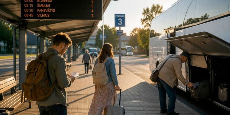 Keleiviai vasaros rytą Lietuvos autobusų stotyje prieš išvykimą