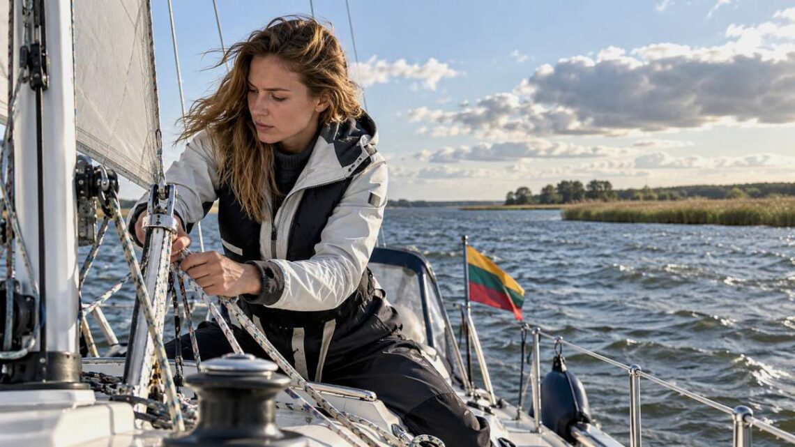 Moteris burlaivyje Kuršių mariose tikrina takelažą prieš išplaukdama