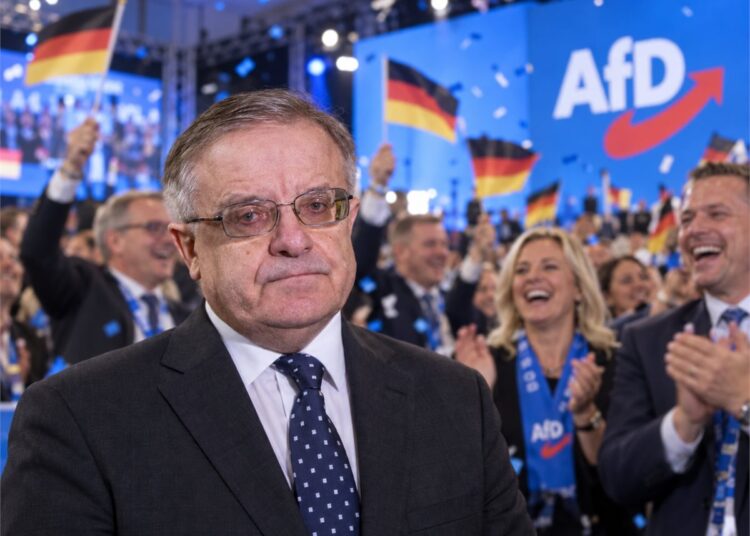 Prof. Vytautas Raždvilas džiūgaujančių AfD palaykytojų fone