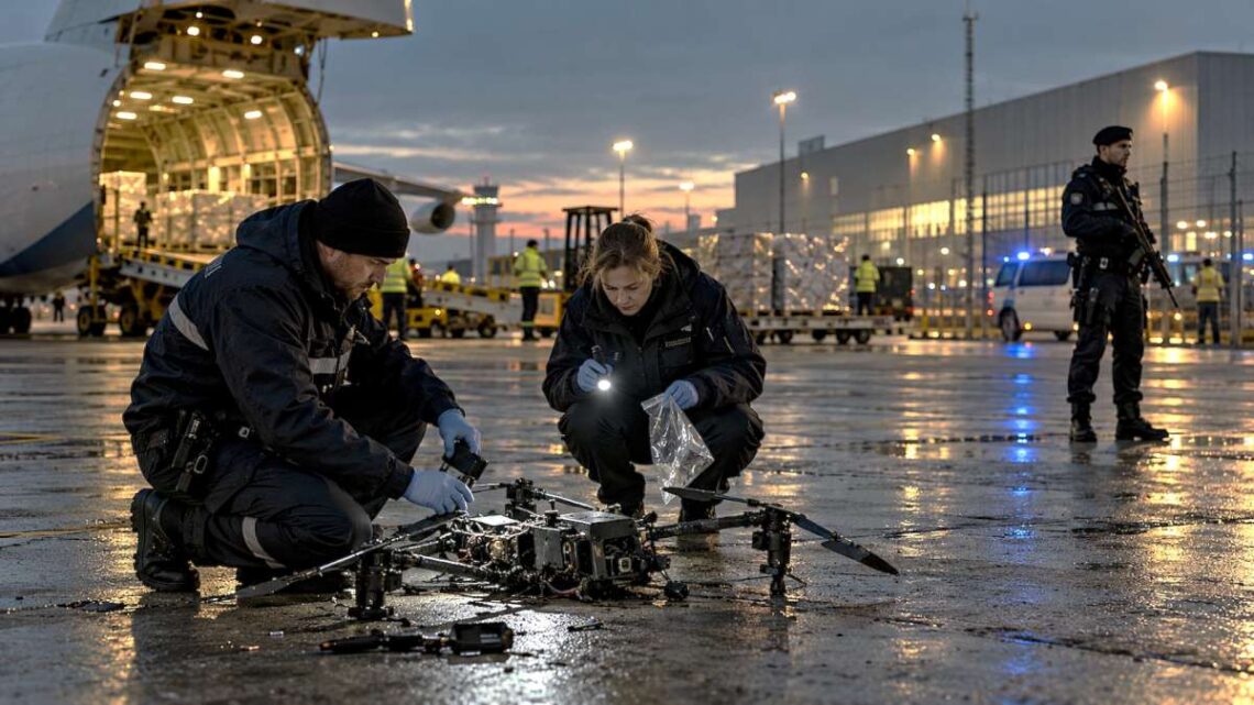 Tyrėjai, apžiūri sudužusį droną prie krovininio lėktuvo oro uoste.
