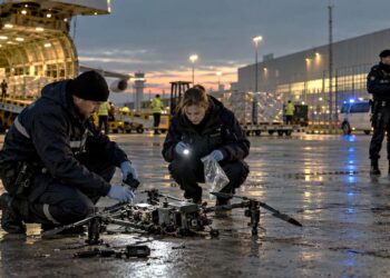 Tyrėjai, apžiūri sudužusį droną prie krovininio lėktuvo oro uoste.