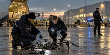 Tyrėjai, apžiūri sudužusį droną prie krovininio lėktuvo oro uoste.