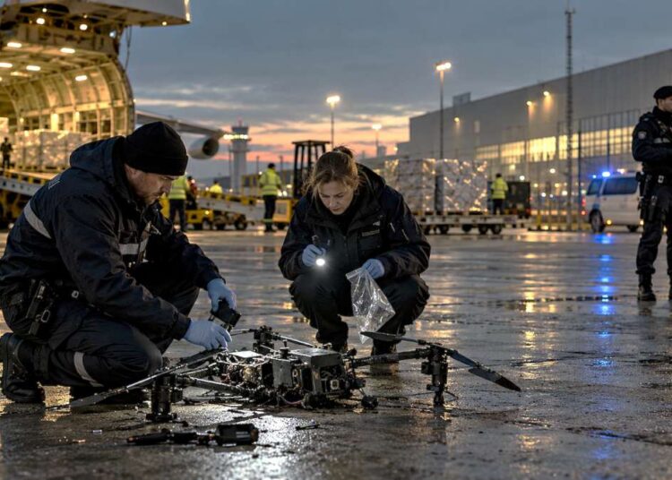 Tyrėjai, apžiūri sudužusį droną prie krovininio lėktuvo oro uoste.