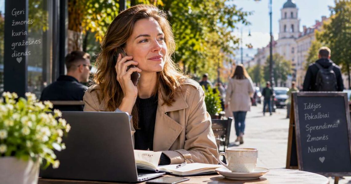 Moteris saulėtą rugsėjo dieną kalbasi telefonu miesto kavinėje