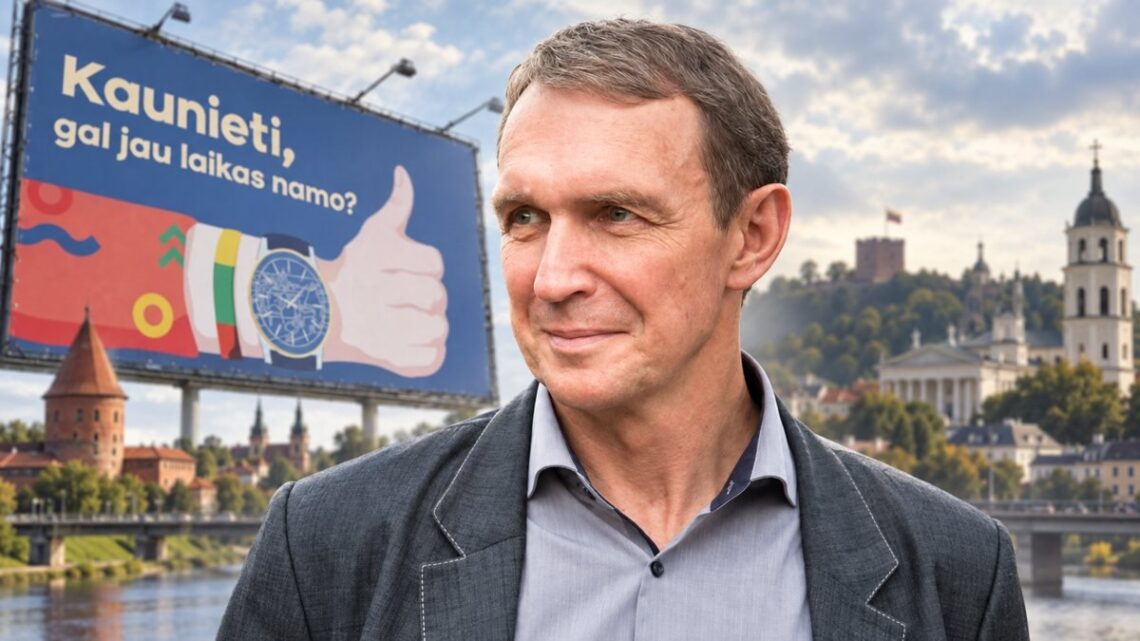 Arvydas Juozaitis koliaže Kauno ir Vilniaus temos fone