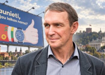 Arvydas Juozaitis koliaže Kauno ir Vilniaus temos fone